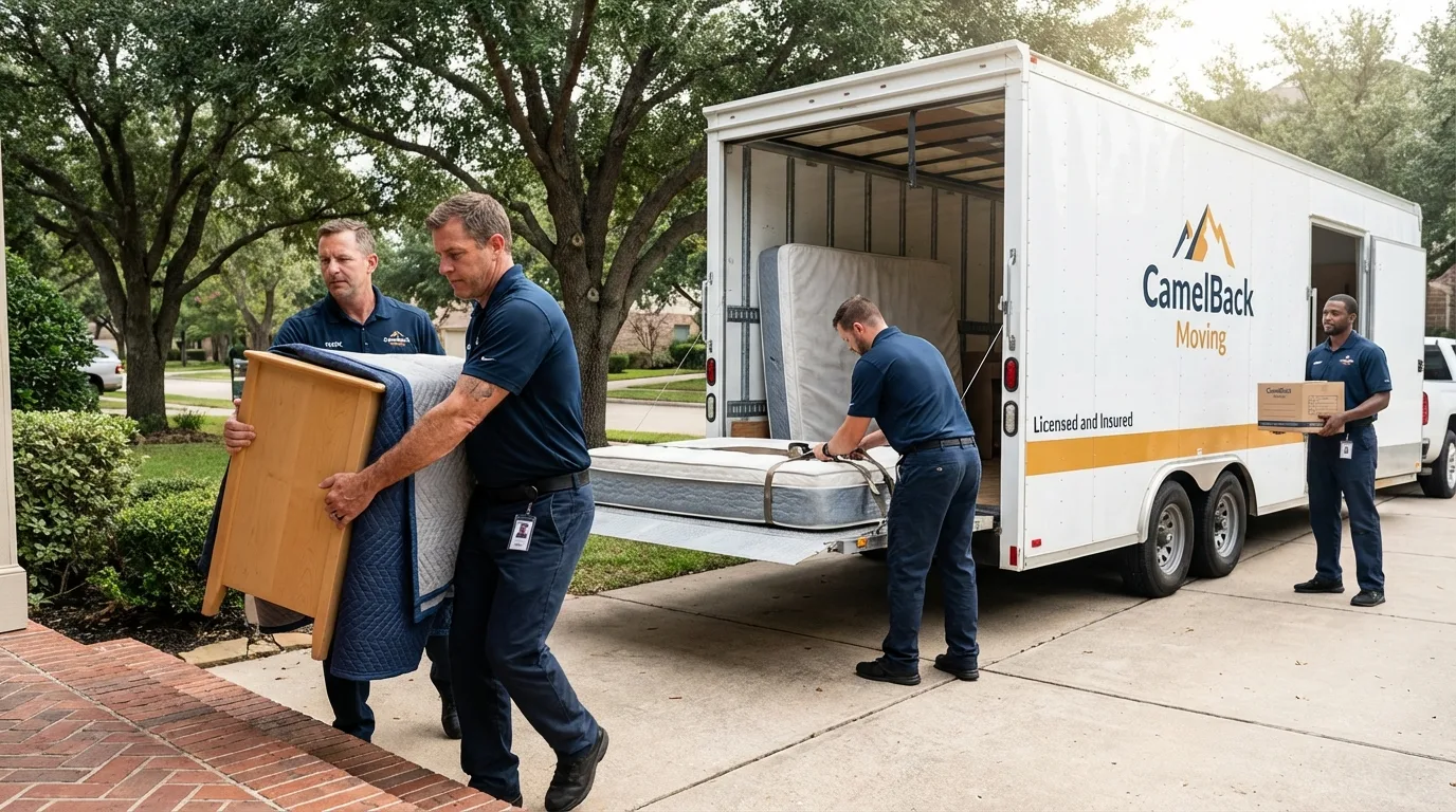 Crew loading residential truck for cross-state move from Mandan, ND