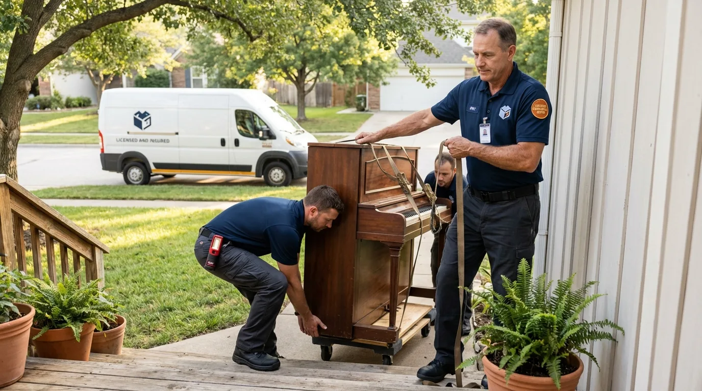 Licensed piano movers securing grand piano in Mandan, ND