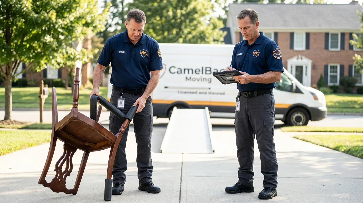Movers inspecting furniture for damage prevention before loading in Mandan, ND